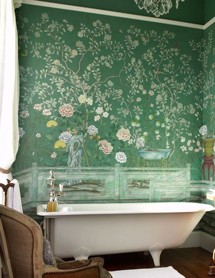 green chioiserie wallpaper bathroom