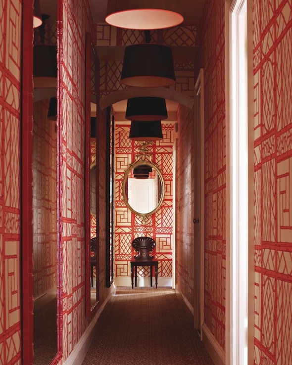 Hallway in red Quadrille Wallpaper