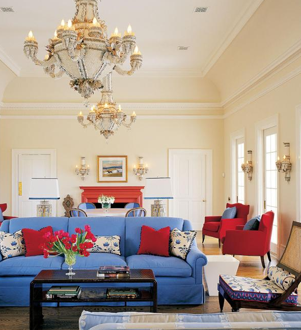 blue and red living interior