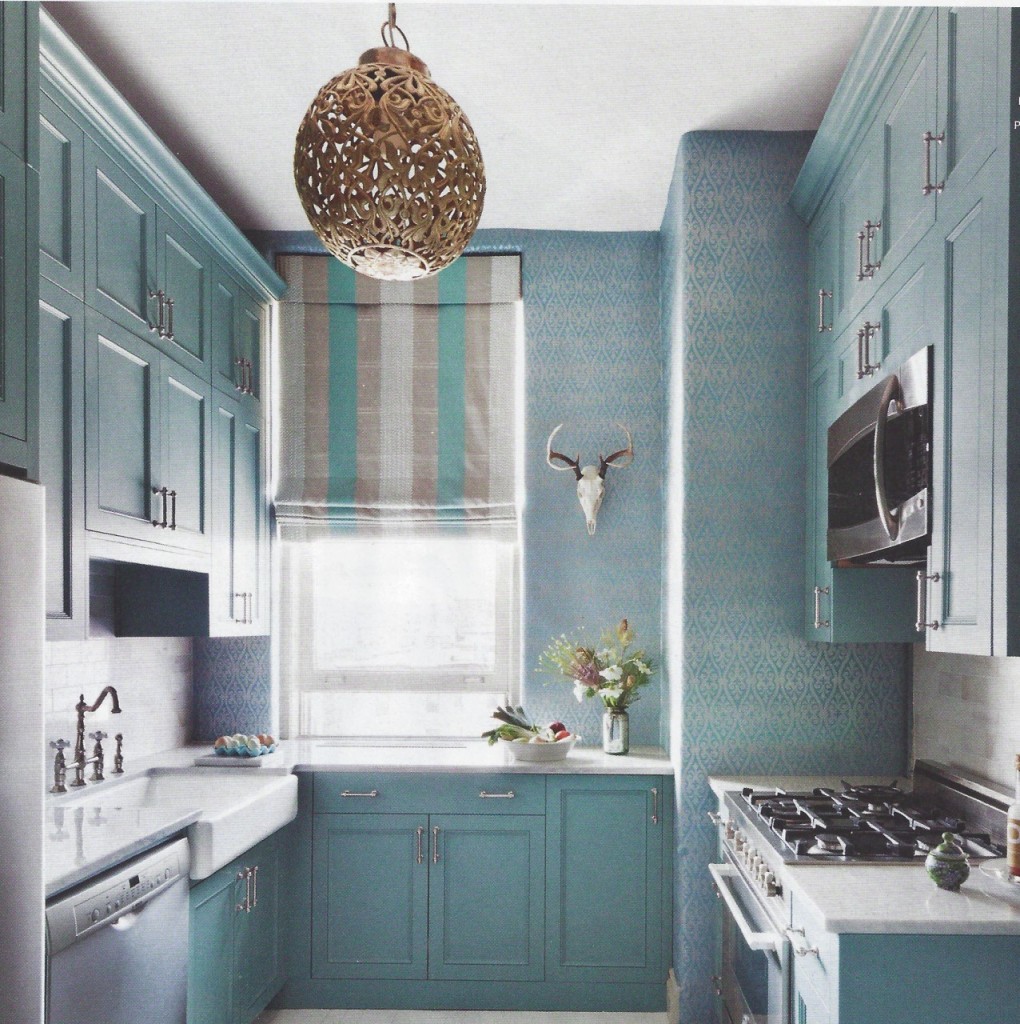 blue kitchen with wallpaper