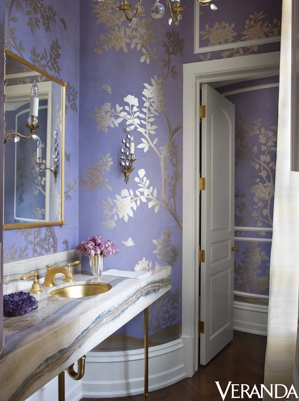 lavender and silver wallpaper bathroom
