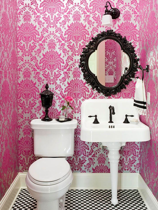 pink damask bathroom from better homes and gardens