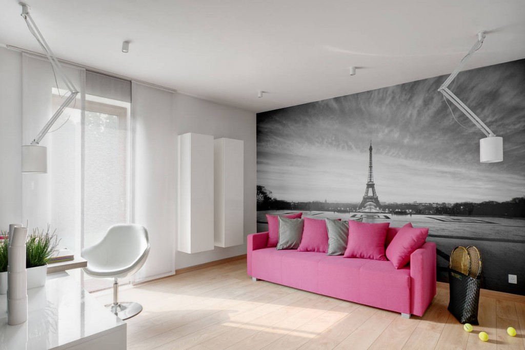 pink sofa grey walls