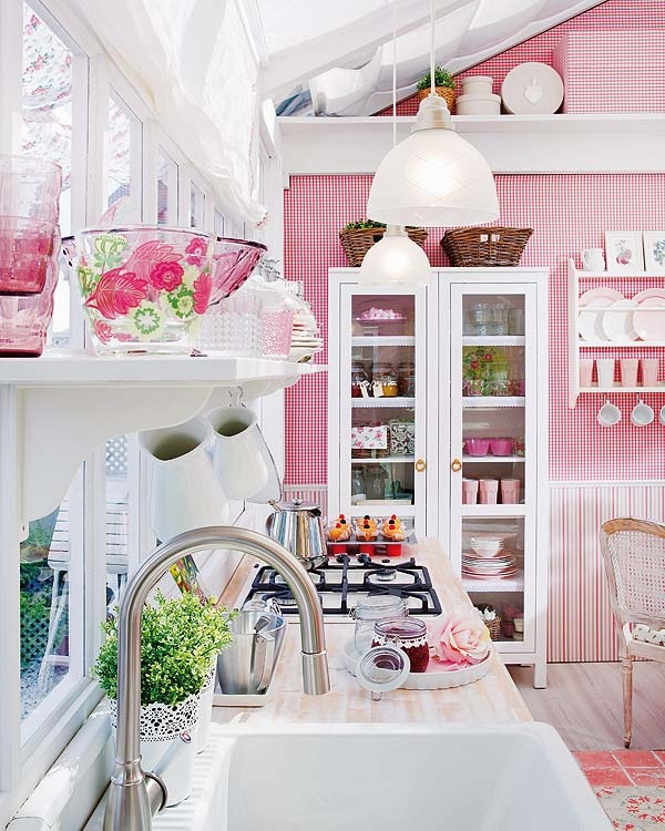 pretty kitchen in pink and white