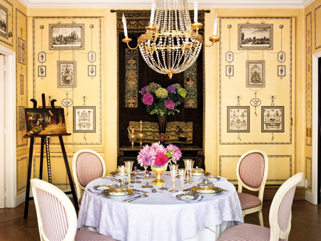 romantic french dining room in yellow and pink