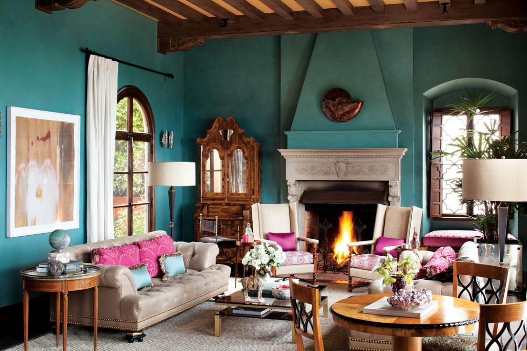 turquoise living room with pink