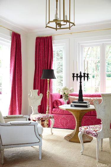 white and soft damask pink living room.