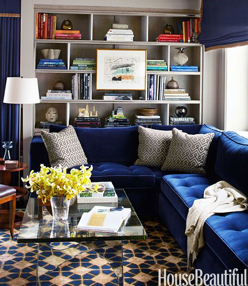 blue velvet sofa and pattern floor