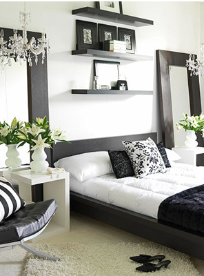 feminine bedroom in black and white