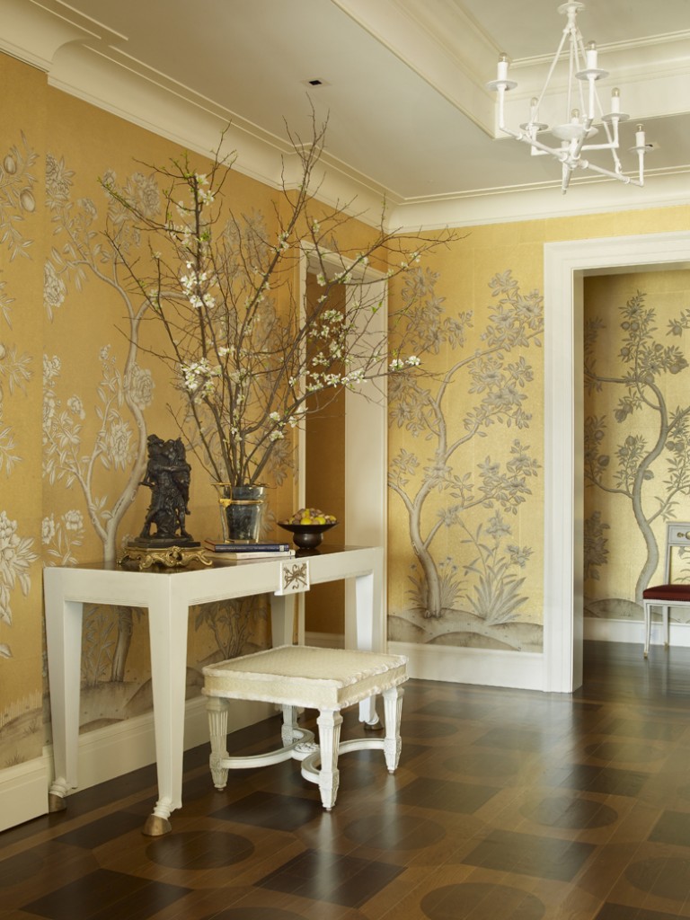 golden yellow botanical wallpaper foyer