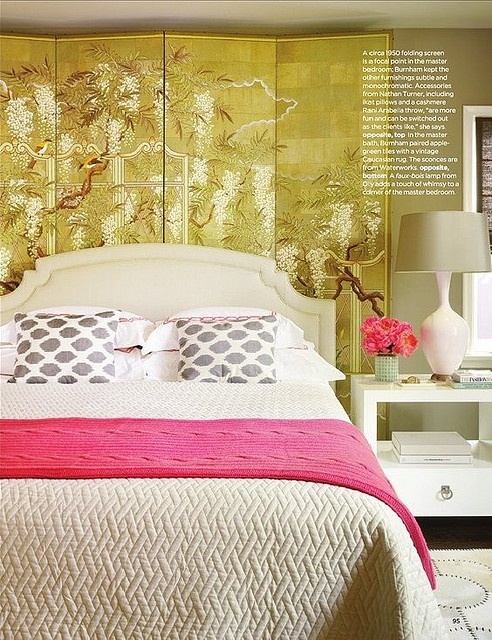 Contemporary Bedroom In Olive Green, White and Pink