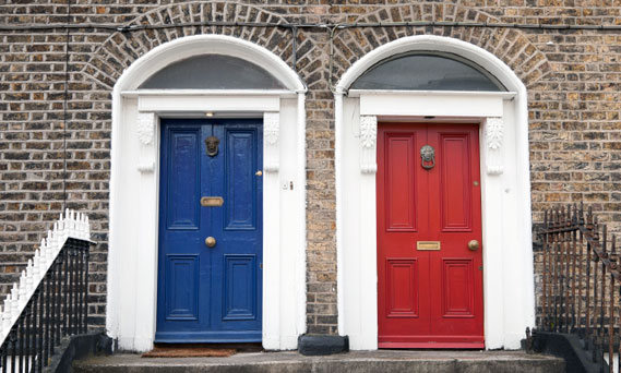 blue and red doors