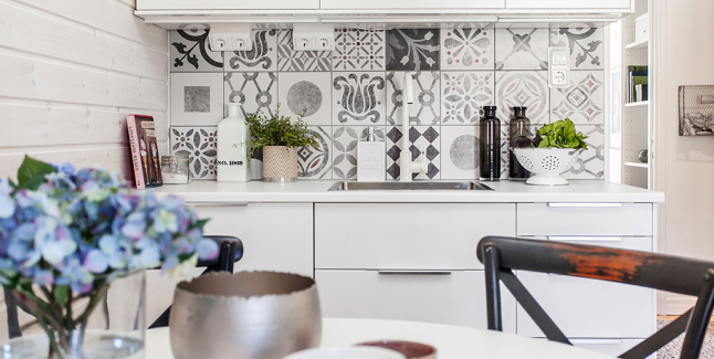 kitchen black and white cement tiles