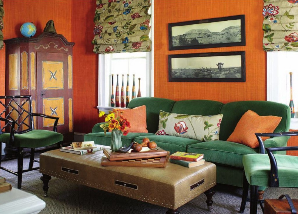 green and orange living room design