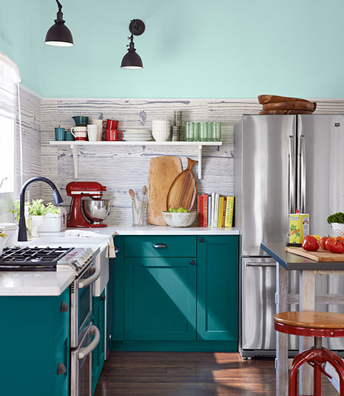 teal colored country kitchen cabinets