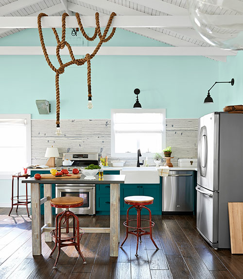 teal colored country kitchen