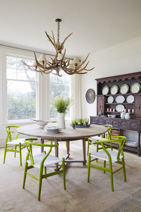Apple Green Chairs, Antler Chandelier and Antiques