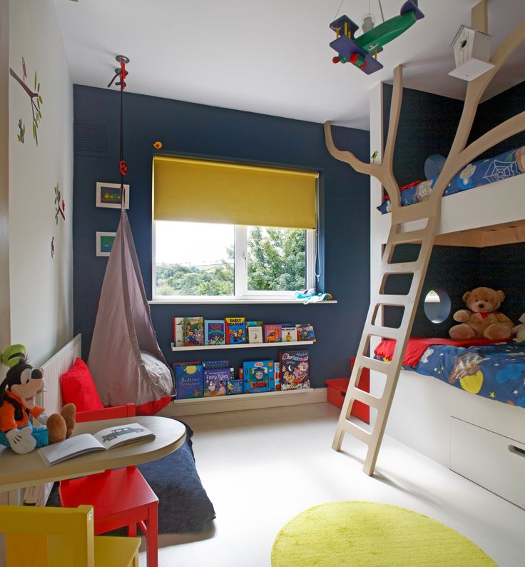 navy blue and yellow kids room