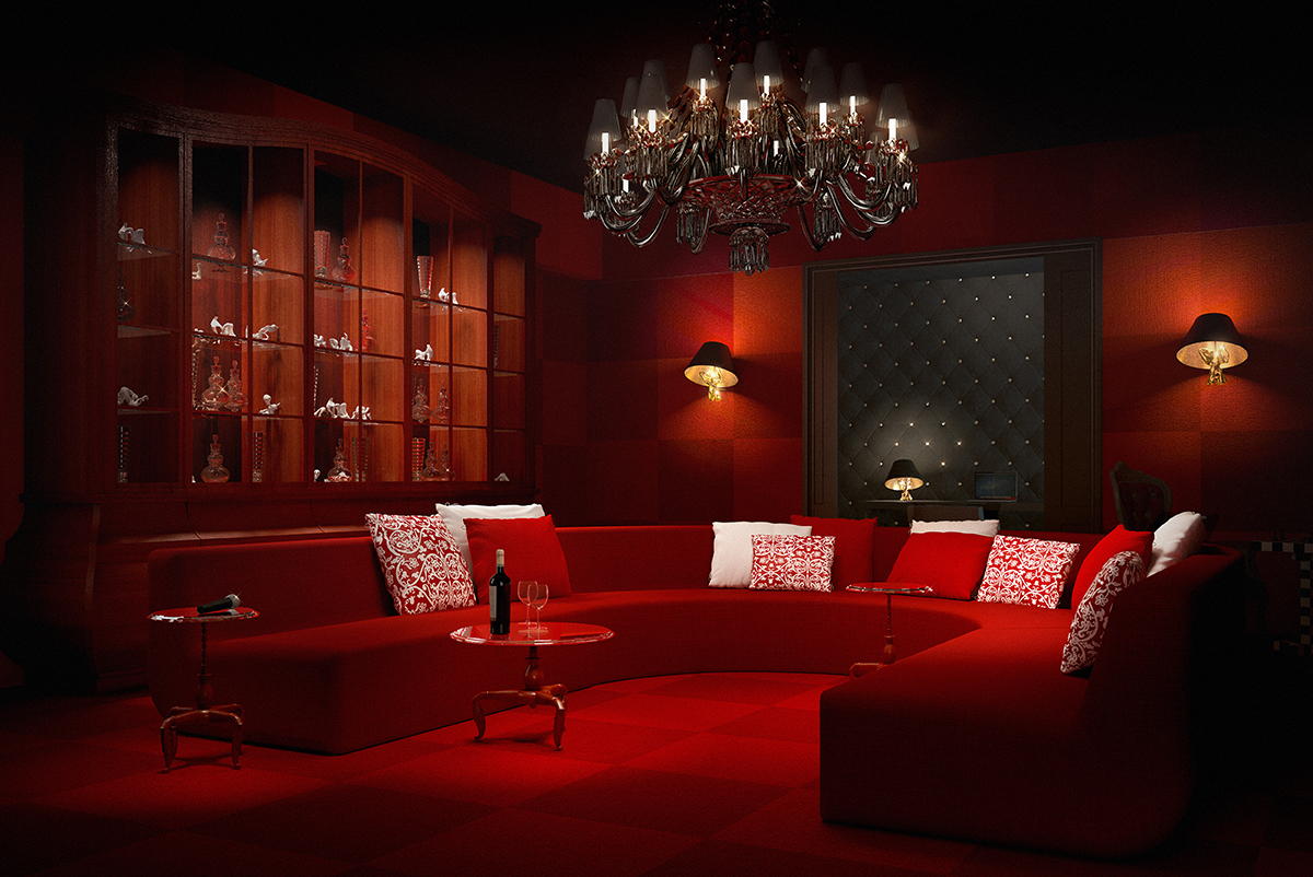 contemporary red living room with red dectioanl sofa