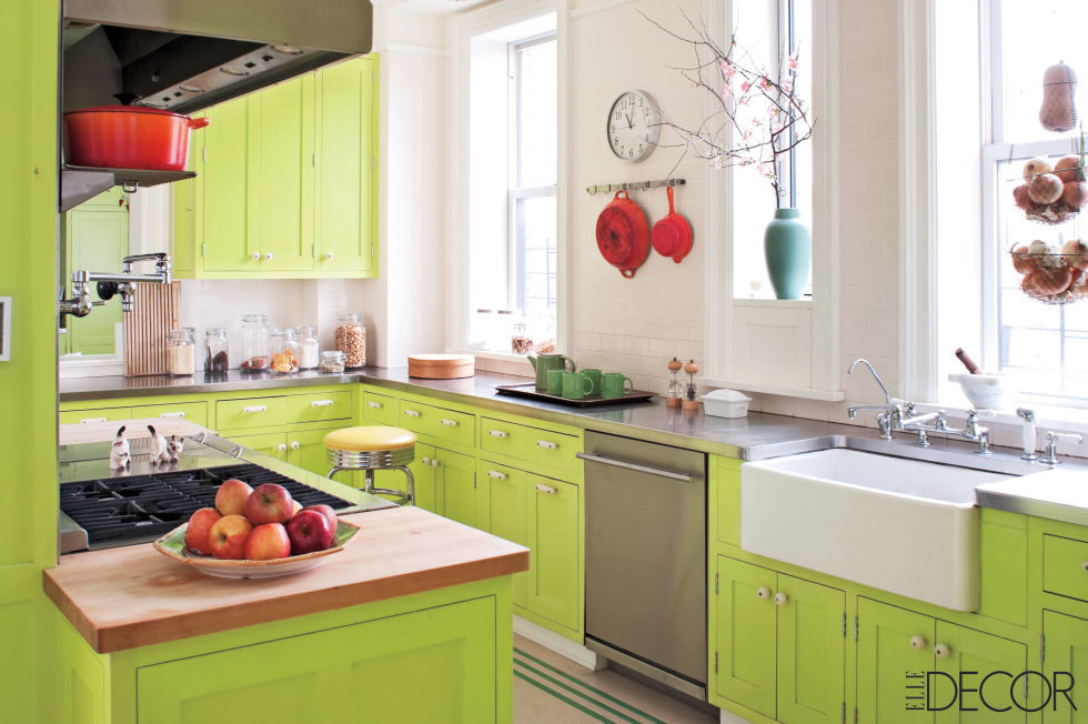 Lime Green Cabinets with Red Accents