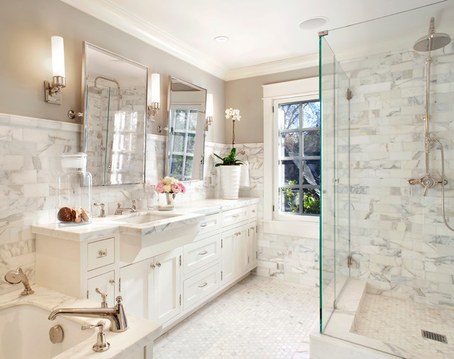 Revere Pewter and White Dove bathroom - marble tiles