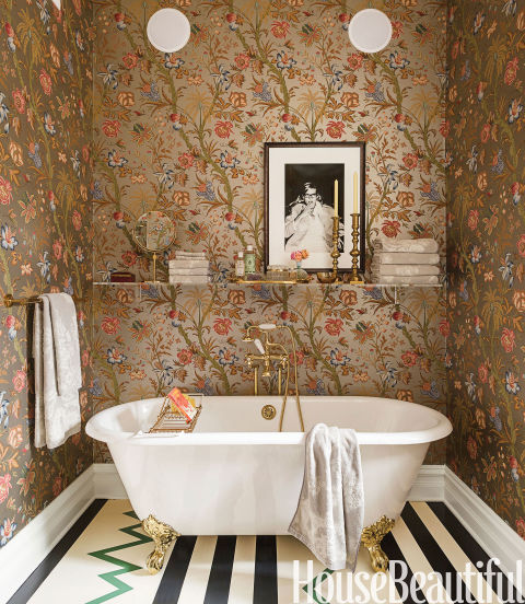 Gold chioiserie wallpaper in the bathroom - Interiors By Color
