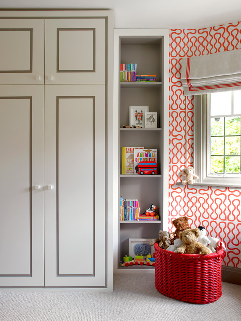 contemporary-kids room in gray and red