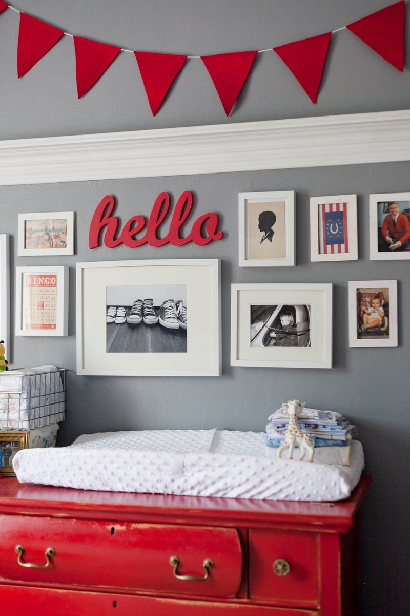red and gray nursery baby