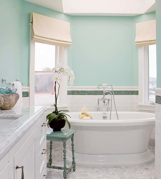 Bathroom with walls painted in Behr Rivers Edge 510C-3