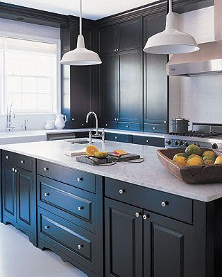 Gray kitchen cabinets painted in Benjamin Moore Paint Color Midnight Oil 1631