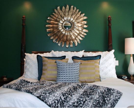{Sherwin Williams Shamrock 6454}. From there we layered in grandiose furnishings and rich textures... dark woods, natural linens, crisp white, deep navy and rich golds. via Nichole Staker Design Style