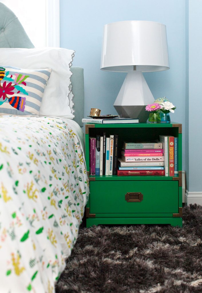 Delta Duo Lamp by Robert Abbey and green painted bedside table, via ELle decor