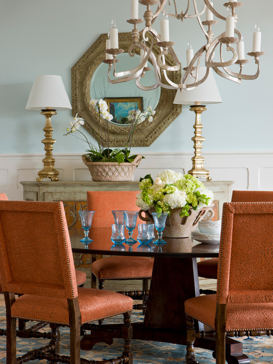 Orange and blue dining room walls painted Benjamin Moore's Sweet Bluette