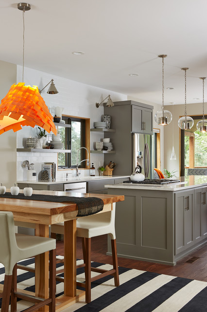 transitional-kitchen gray and orange kitchen