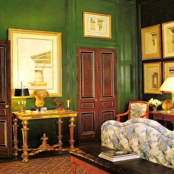 Bedroom designed by the design legend Albert Hadley and the late designer Gary Hager for Vincent Friia in San Francisco. Blue and white toile draperies and upholstered bed with glazed emerald green walls.
