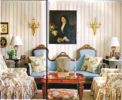 Albert Hadley: The c. 1940 French red-mirrored glass table from Hadley's Manhattan apartment. Now in his sister's home in this picture--Hadley's customer wallpaper