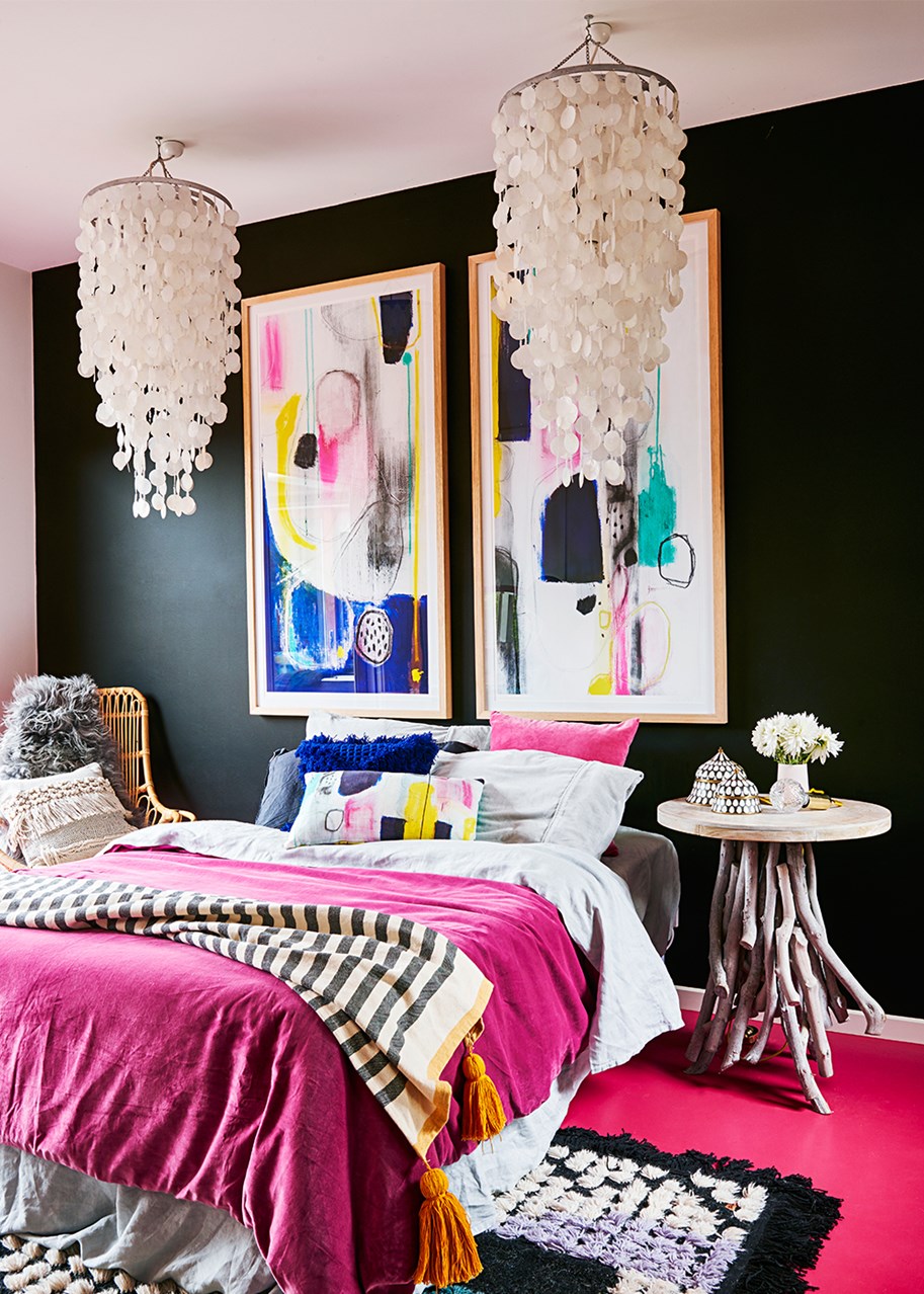 Black and pink contemporary living room with  pink floors painted in Dulux Raspberry Sorbet