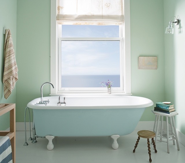 bathroom design painted in blue and green using Benjamin Moore paint colors Palladian Blue HC-144 on the walls and Breath of Fresh Air 806