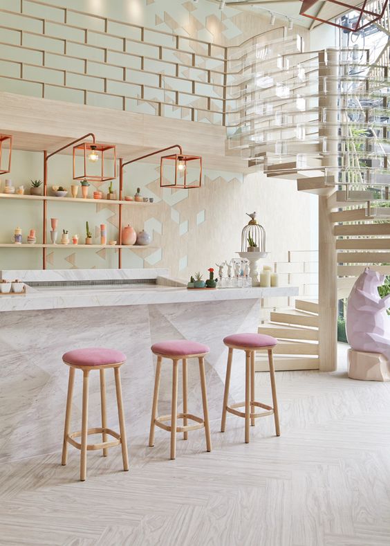cafe in pink and neutrals