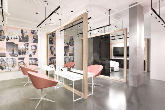 hair salon interior in pink and gray