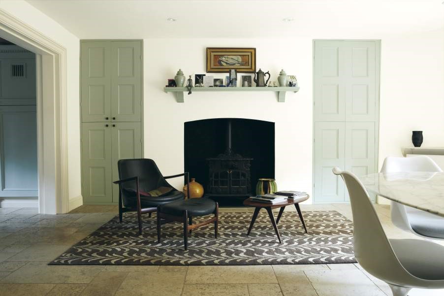 Walls painted in Farrow & Ball All White No.2005, trim in Pointing No.2003 and cupboard doors in Teresa's Green No.236.