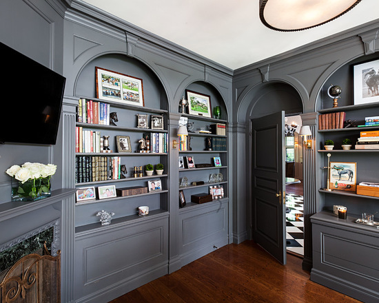 Benjamin Moore Kendall Charcoal built-in bookshelves
