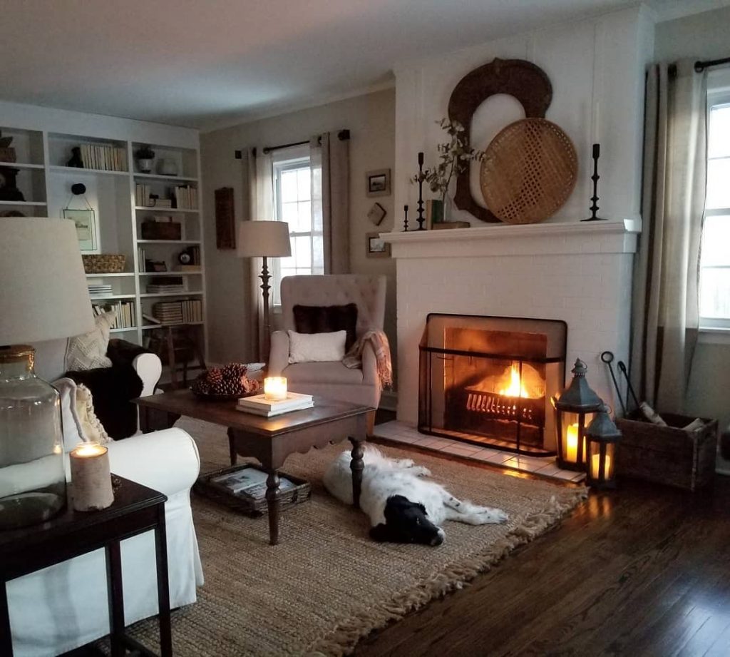 Benjamin Moore Edgecomb Gray Paint Color Scheme Living Room with Fireplace