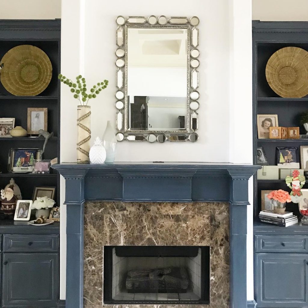 Benjamin Moore Van Deusen Blue Navy Paint Color Scheme Living Room Fireplace and Bookshelves