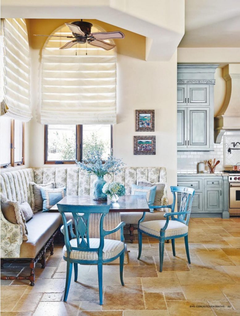 French Country Kitchen in Blue Color Scheme with blue dining chairs