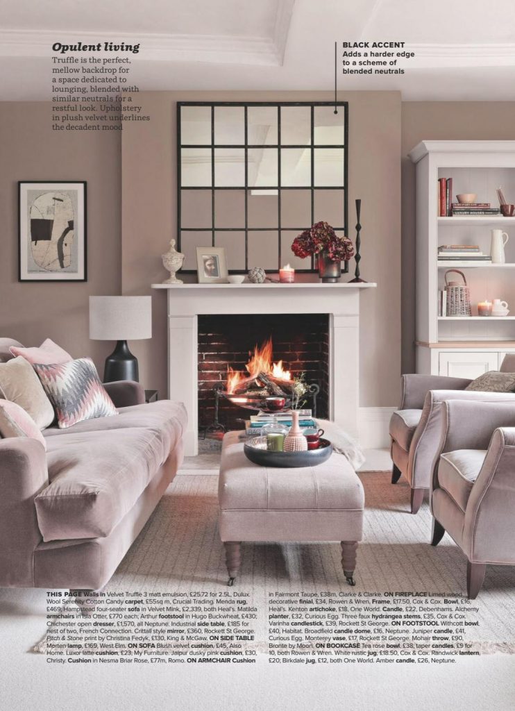 Living room in neutral paint color scheme with walls painted in Dulux Velvet Truffle