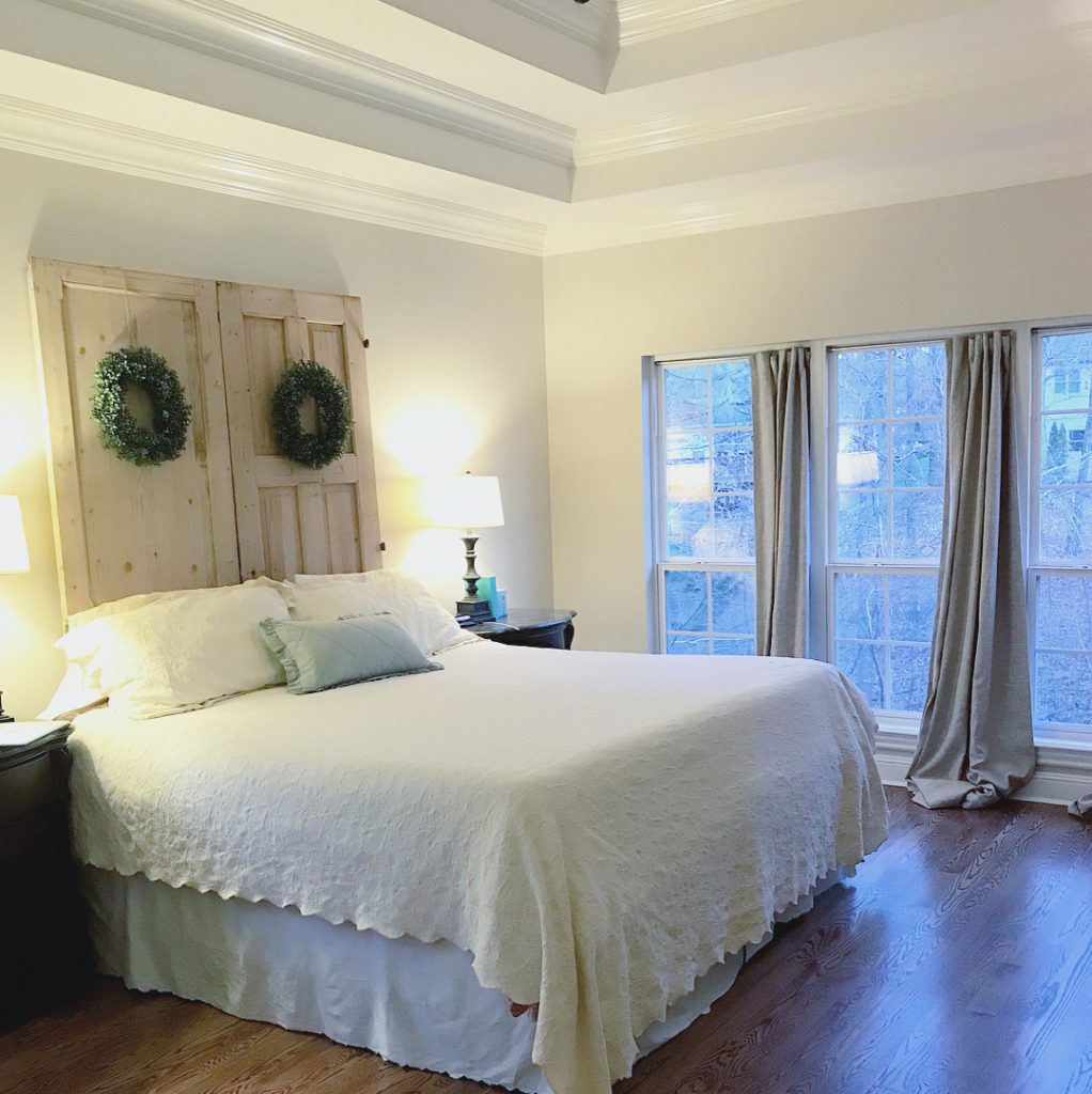 Master Bedroom Walls painted in Benjamin Moore Egecomb Gray and Simply White