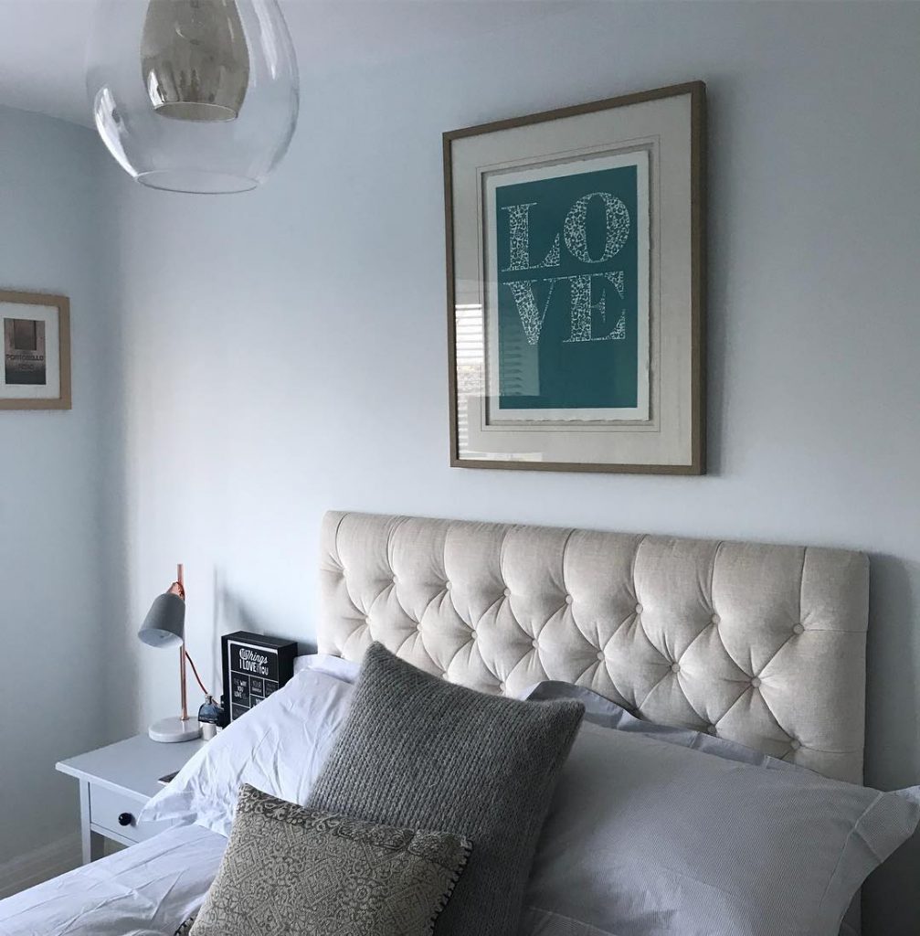 Master bedroom paint color scheme with walls painted in Farrow & Ball Cabbage White