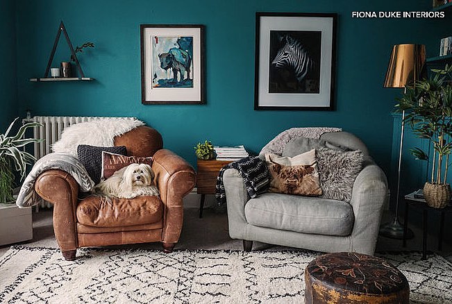 Teal paint color scheme living room painted in Farrow & Ball Vardo