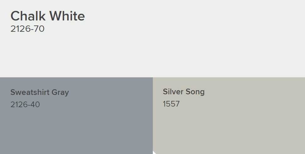 Benjamin Moore Chalk White Goes With Sweatshirt Gray and Silver Song